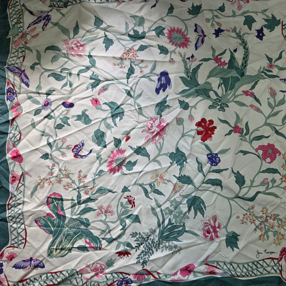 Jim Thompson Thai Silk Scarf Floral Butterfly Bird Print Square Cream Teal Green
